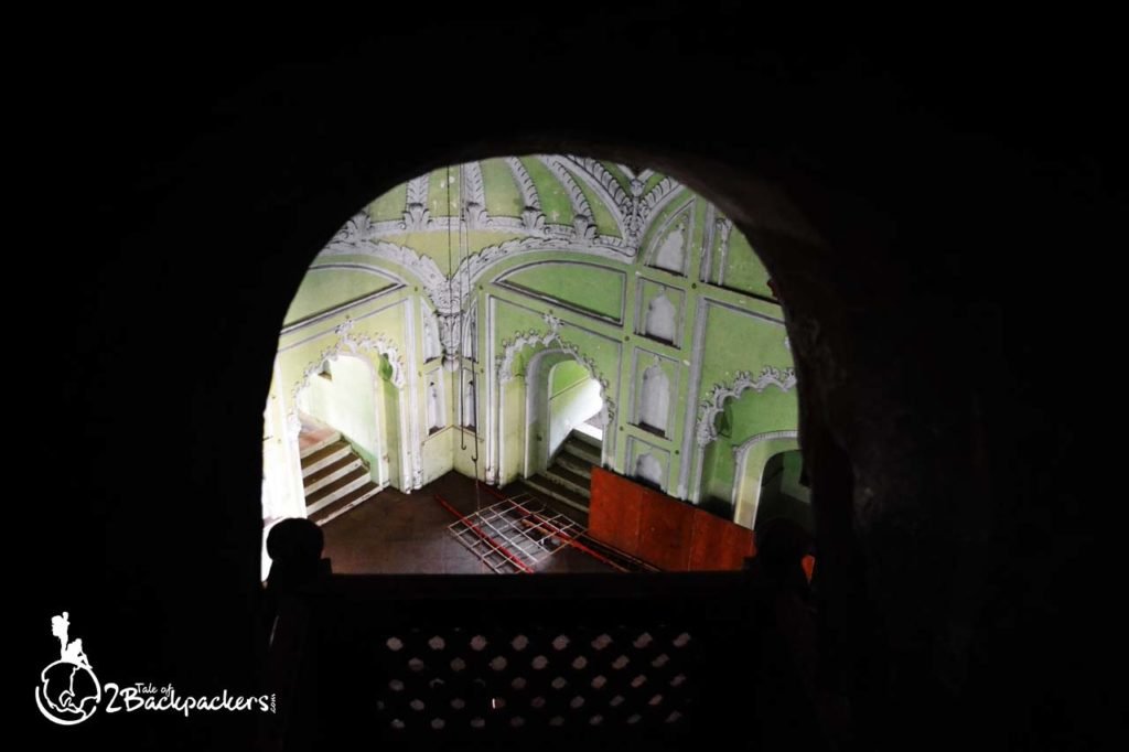 View of the Persian Hall from the arched window of the bhulbhulayia or Labyrinth at Bada Imambara, Lucknow