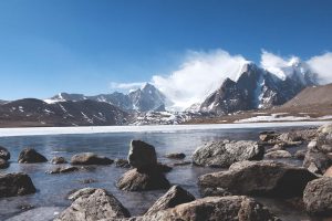 Gurudongmar Lake surrounded by snow capped mountains