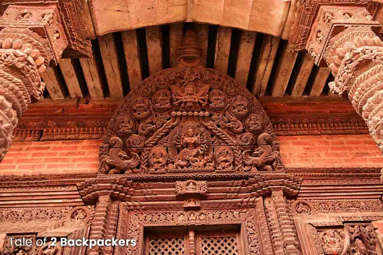 Wooden carvings on the door of a Newari House in Bhaktapur, Nepal