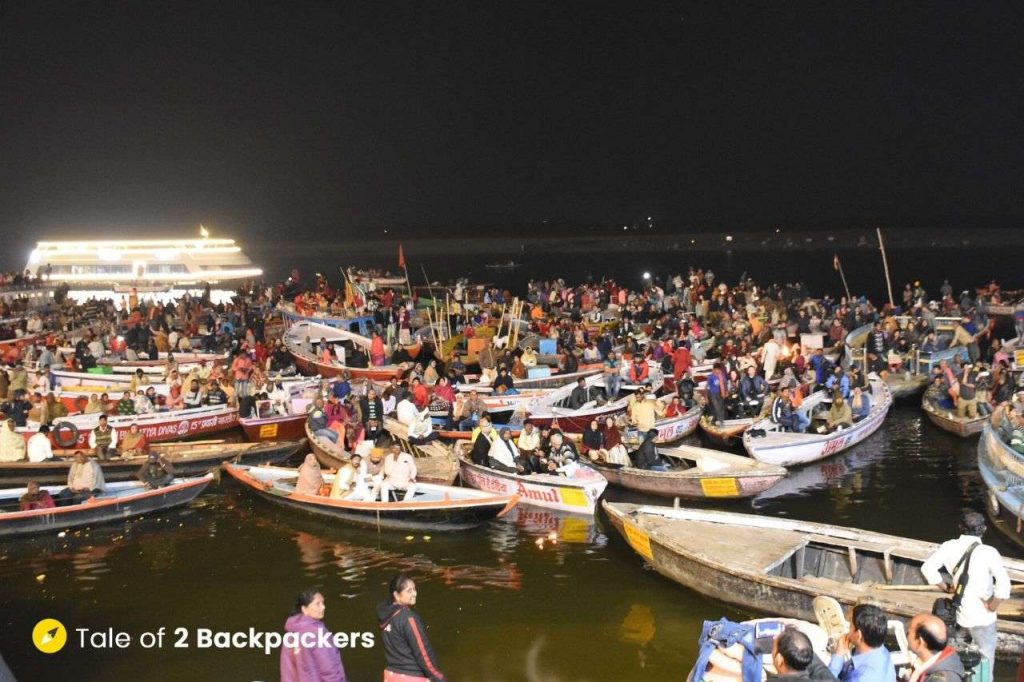 Boats in front of Dashashwamedh Ghat with people on it for watching th eVaranasi Ganga Aarti there