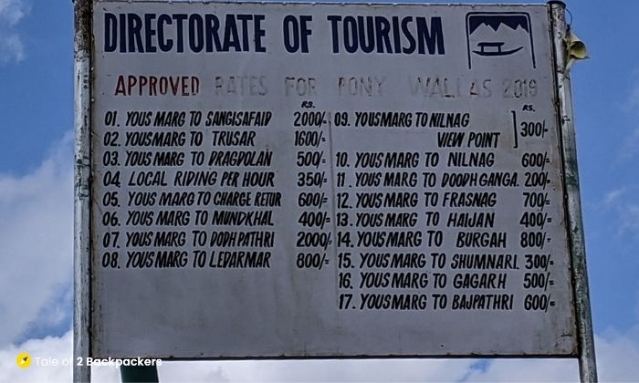Signboard for Pony rate for Yusmarg