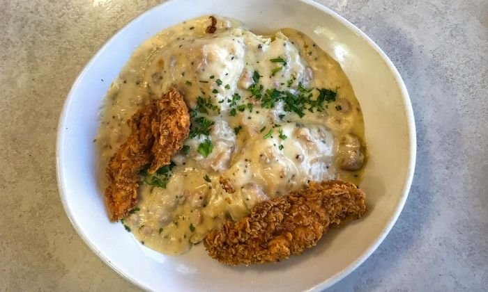Biscuits and Gravy with Fried Chicken - breakfast from USA