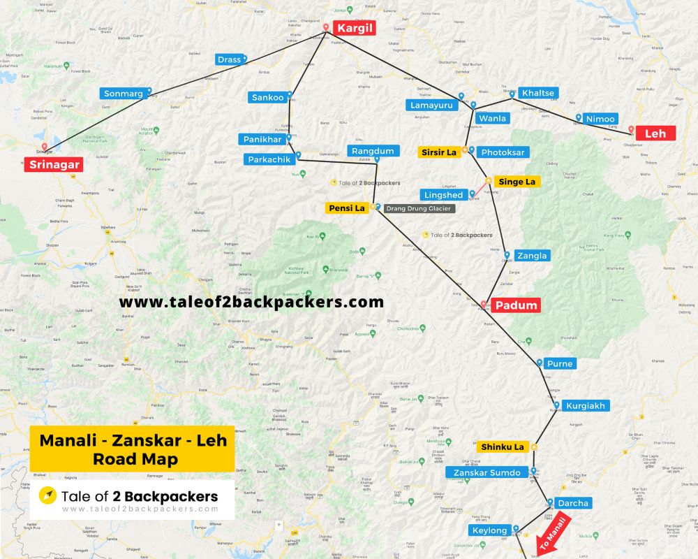 Manali - Padum - Leh Route Map