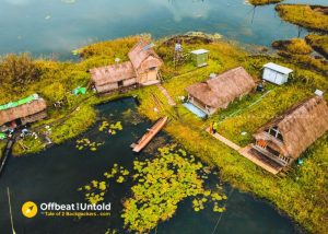 Phumshangs or floating huts on Loktak Lake
