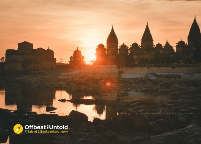 Sunset view by River Betwa at the Chhatris of Orchha